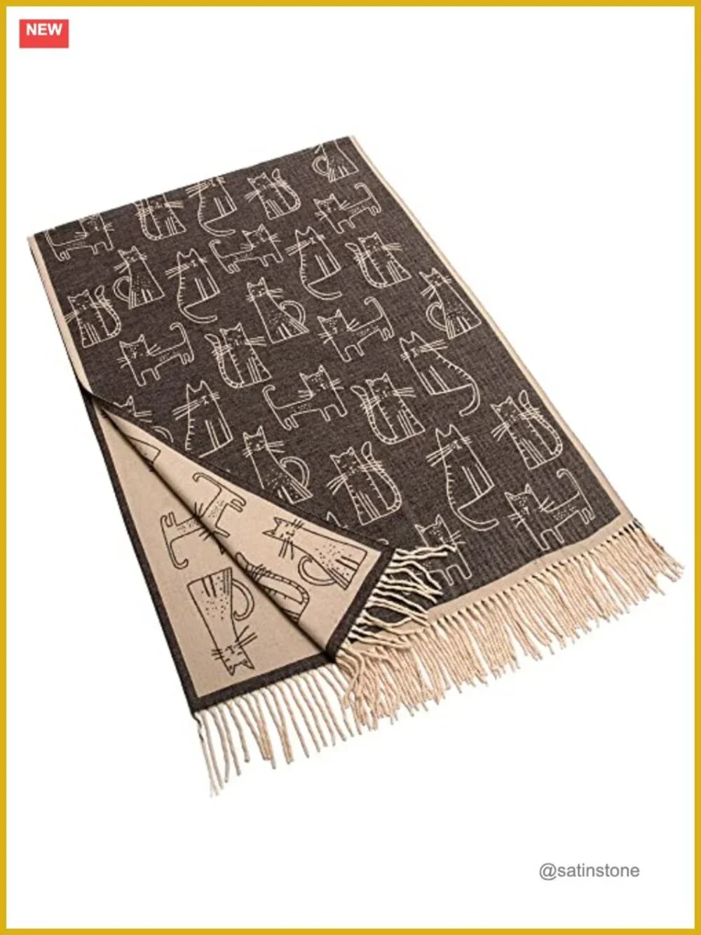 Cashmere Feel Cat Print Fringed Scarf Winter Warm Wrap Shawl